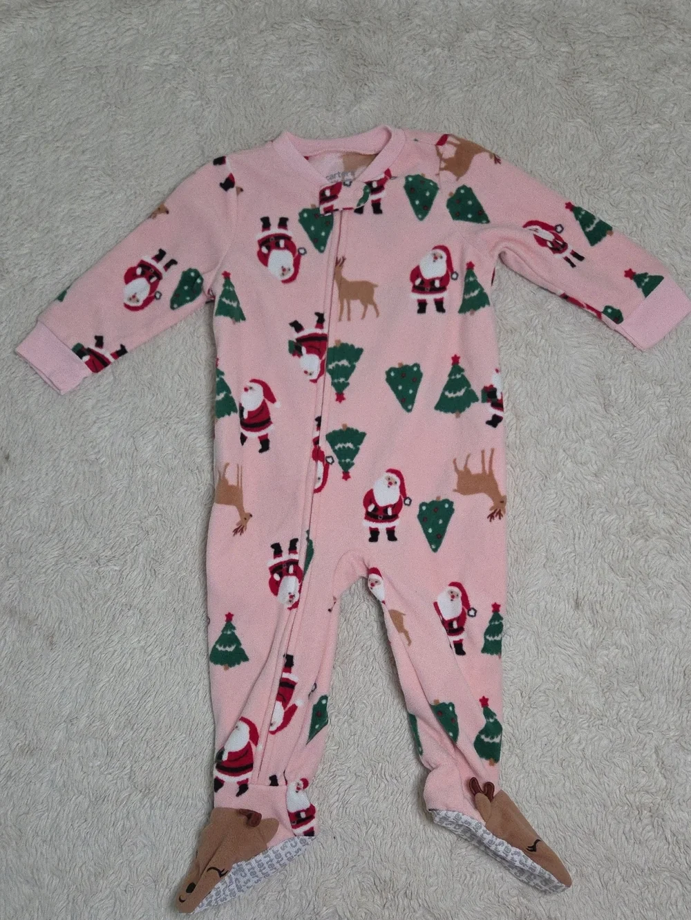 Girls Carters Fleece Pajamas One Piece Santa Christmas Sz 12 Month